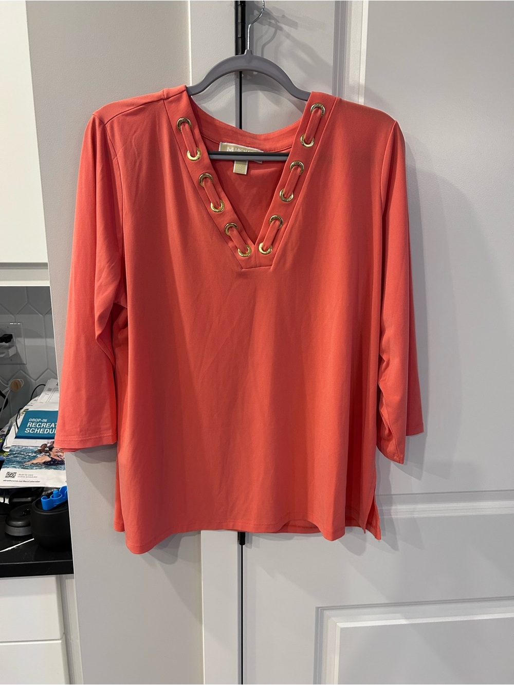 Michael Kors Coral Stretch V-Neck Grommet Tunic Top Silver Details Designer